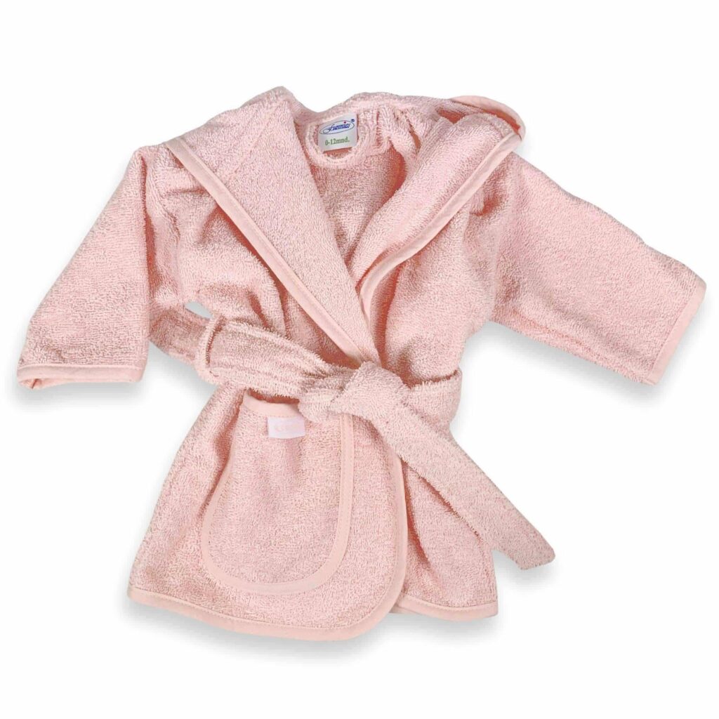 Roze badstof babybadjas met capuchon en ceintuur