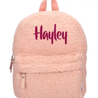 Teddy rugzak met naam Pret Be Soft and Kind roze