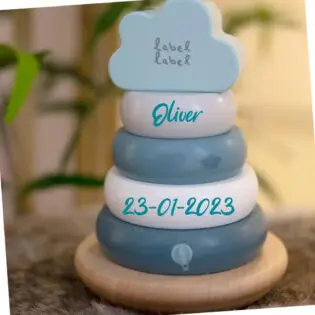 Label Label houten stapeltoren met naam groen/blauw