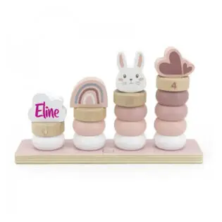 Label Label houten stapeltoren met naam roze