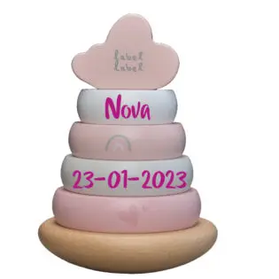 Label Label houten stapeltoren met naam roze